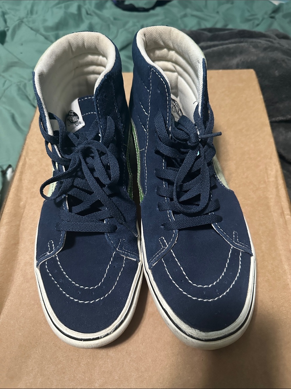 Vans Navy Suede High-Top Sneakers with Green Side Stripe